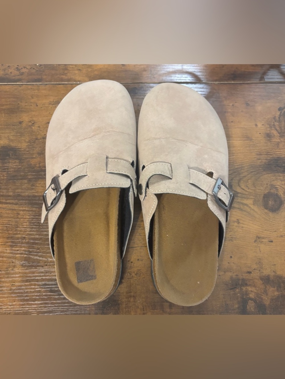 Beige Suede Clog Slides with Buckle Detailing